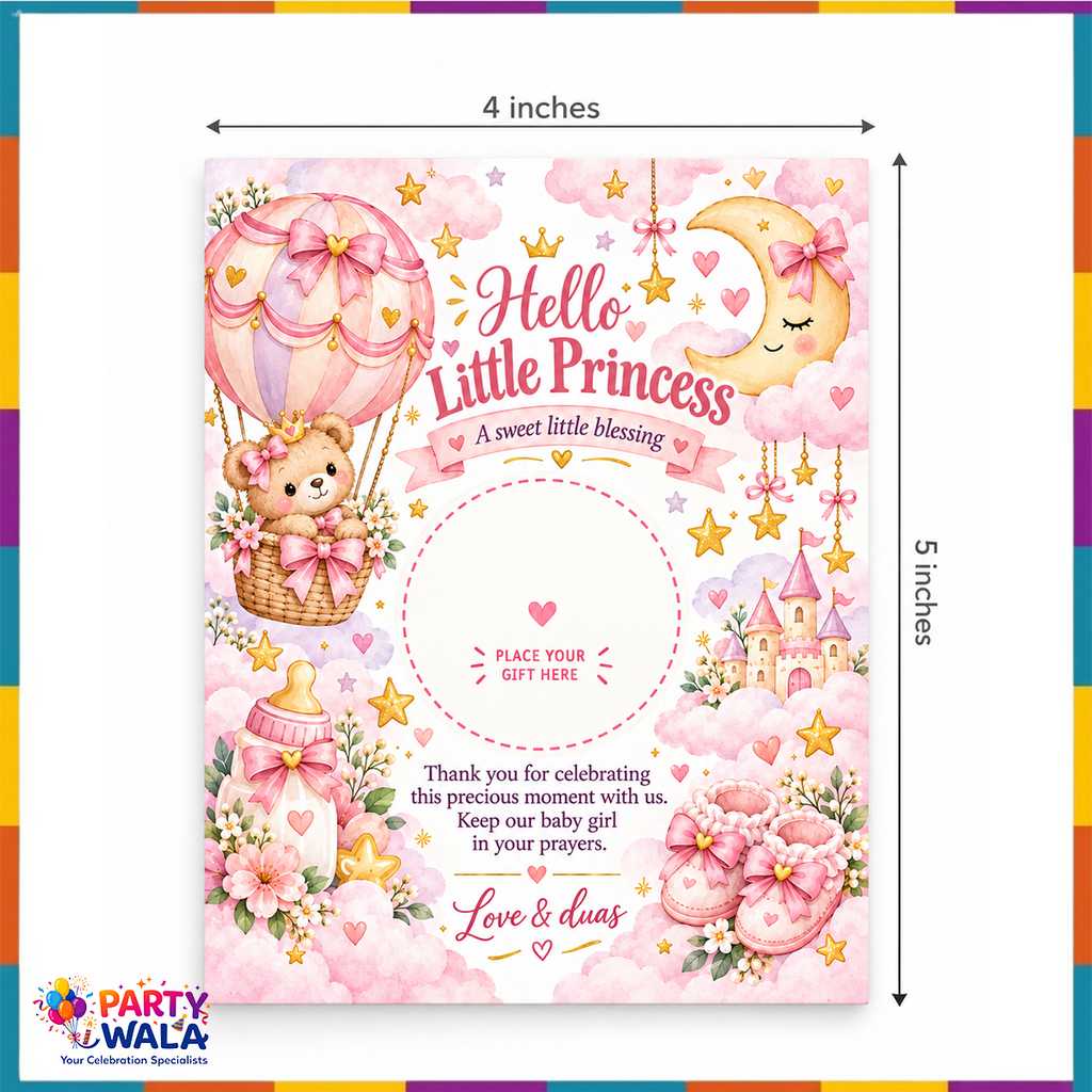 Hello Little Princess baby girl gift favor card 4 x 5 inches with custom date printing