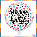 Hooray It's Your Birthday 18-inch round foil balloon with colourful triangle print