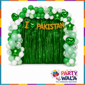I Love Pakistan green and white balloon decoration theme with metallic foil curtain for 14 August