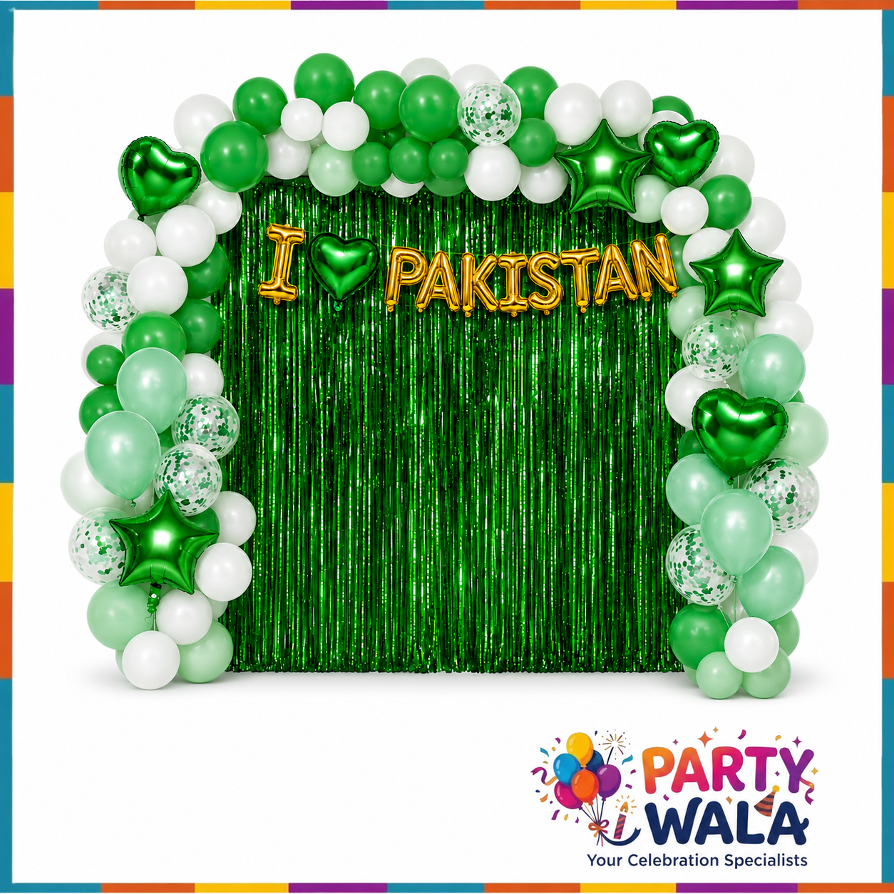 I Love Pakistan green and white balloon decoration theme with metallic foil curtain for 14 August