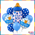 Nine-piece It's a Boy balloon set with baby bottle foil balloon, two teddy bear balloons, and blue balloons