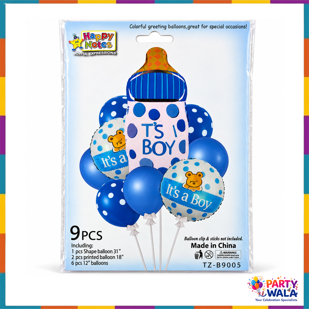 Happy Notes It's a Boy nine-piece balloon pack with printed contents and sizes