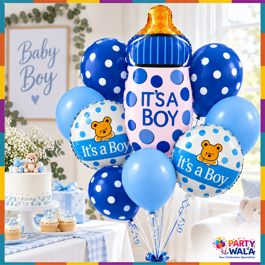 It's a Boy baby shower display showing bottle balloon, teddy bear printed balloons, and blue balloons beside a cake