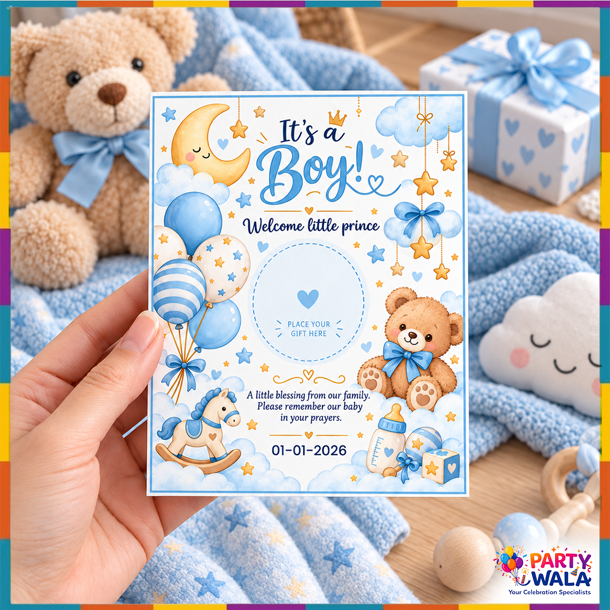 It's a Boy baby gift favor card 4 x 5 inches lifestyle view