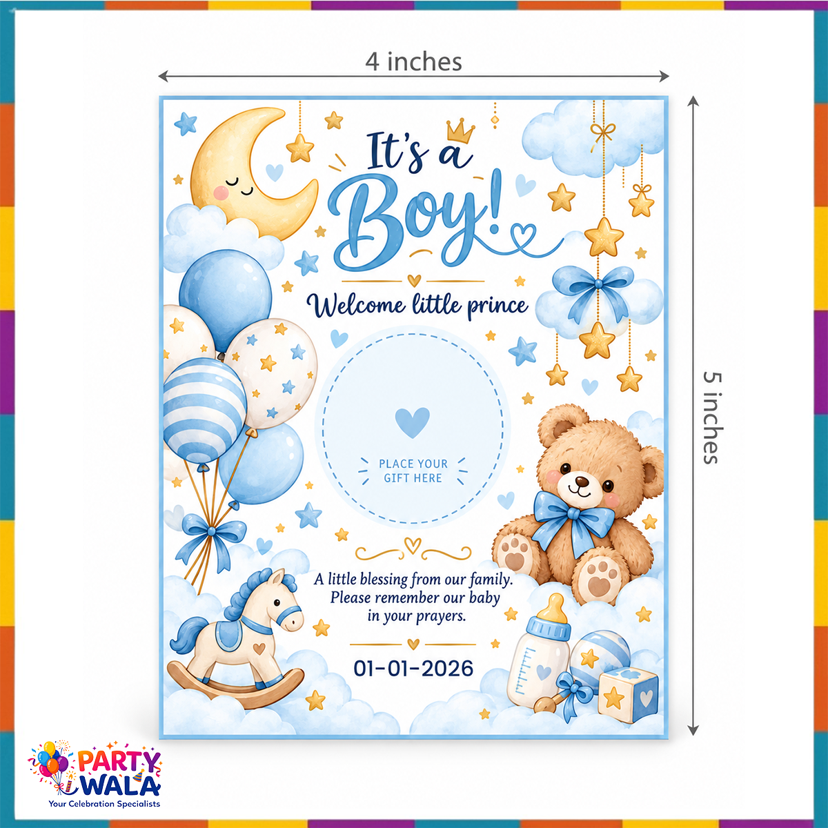 It's a Boy baby gift favor card 4 x 5 inches with custom date printing