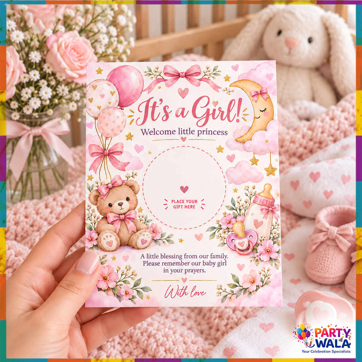 It's a Girl welcome little princess baby girl gift favor card 4 x 5 inches lifestyle view