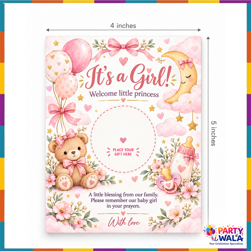 It's a Girl welcome little princess baby girl gift favor card 4 x 5 inches with custom date printing