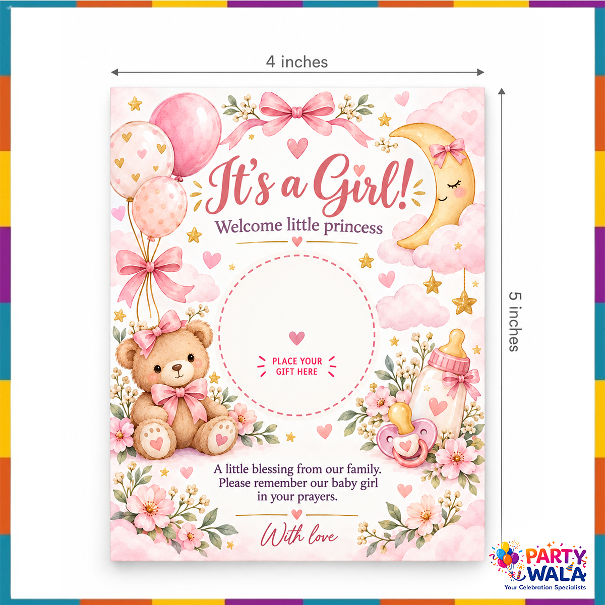 It's a Girl welcome little princess baby girl gift favor card 4 x 5 inches with custom date printing