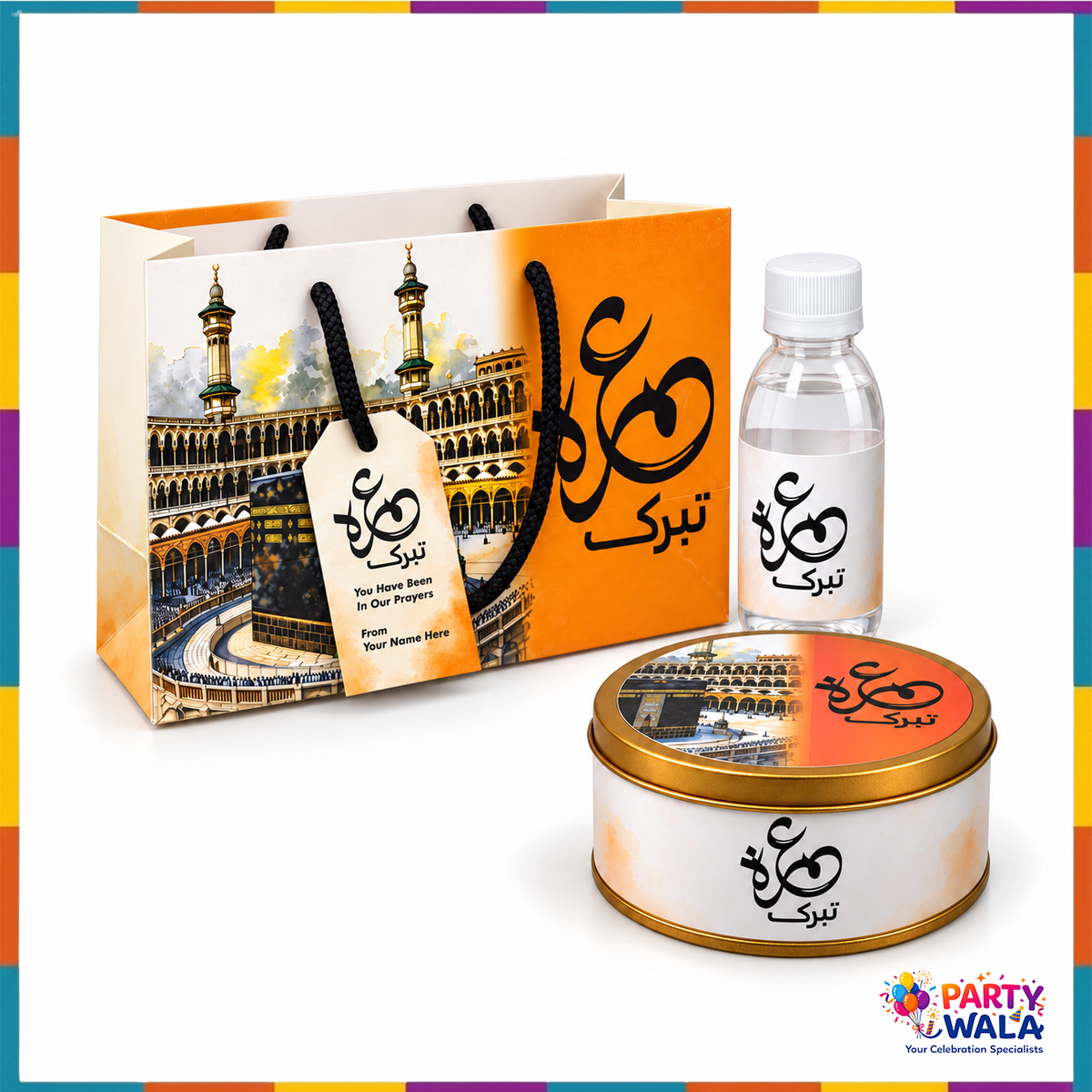 Orange Kaaba Umrah Mubarak Tabarruk Gift Set (Tin Box 250g)