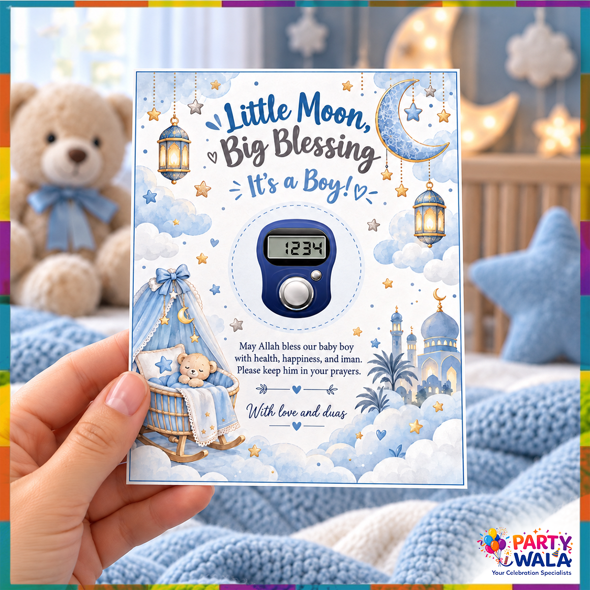 Little Moon Big Blessing baby boy tasbeeh counter card 4 x 5 inches lifestyle view