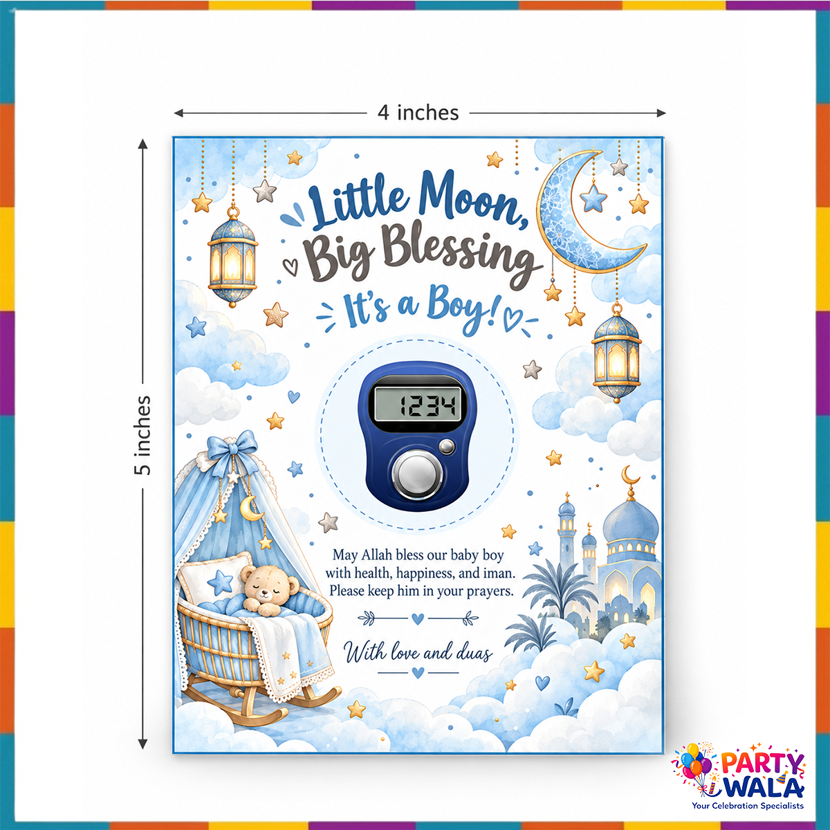 Little Moon Big Blessing baby boy tasbeeh counter card 4 x 5 inches