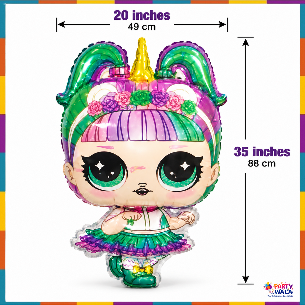 Unicorn doll character foil balloon size 20 inches wide by 35 inches tall
