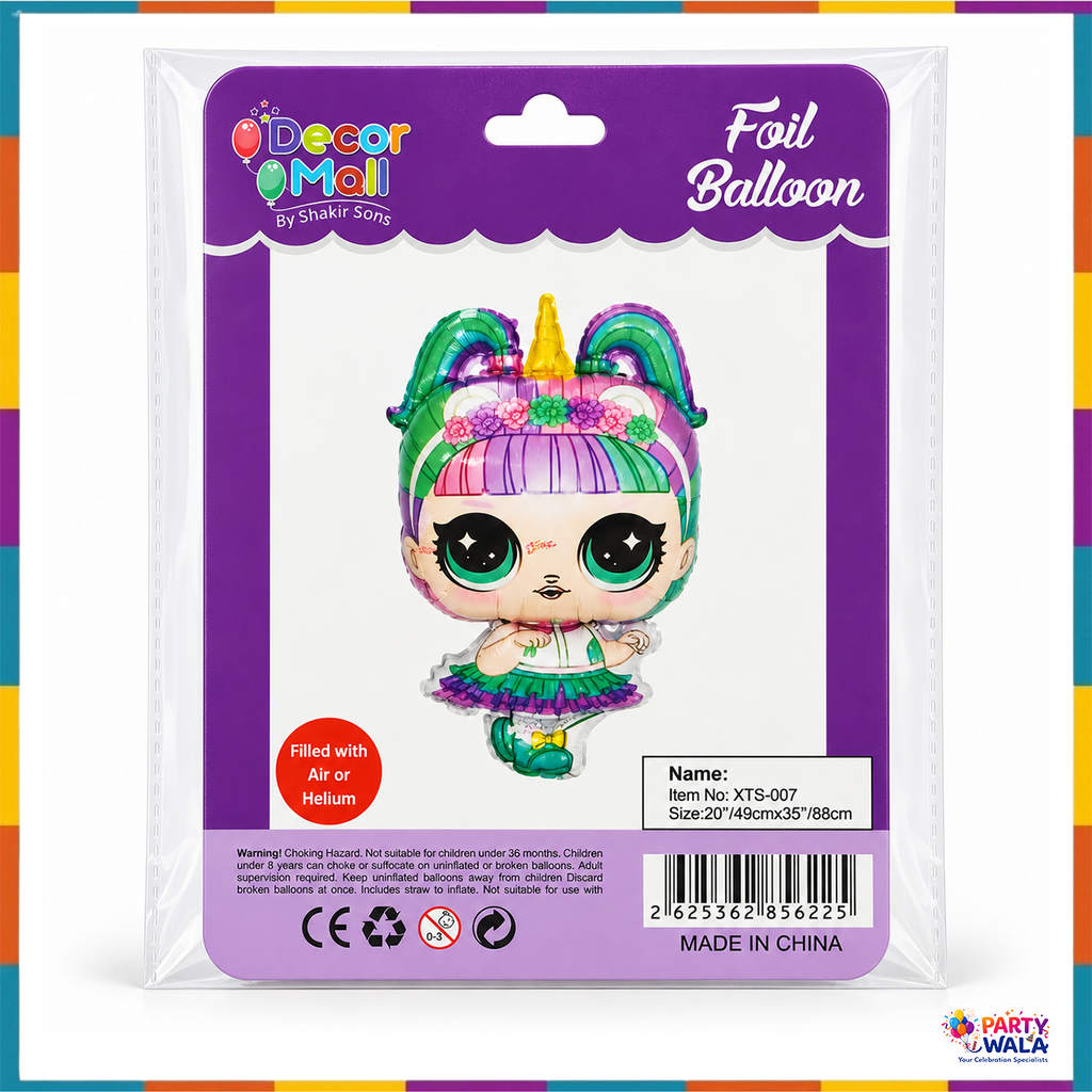 Decor Mall 20 by 35 inch unicorn doll foil balloon retail package