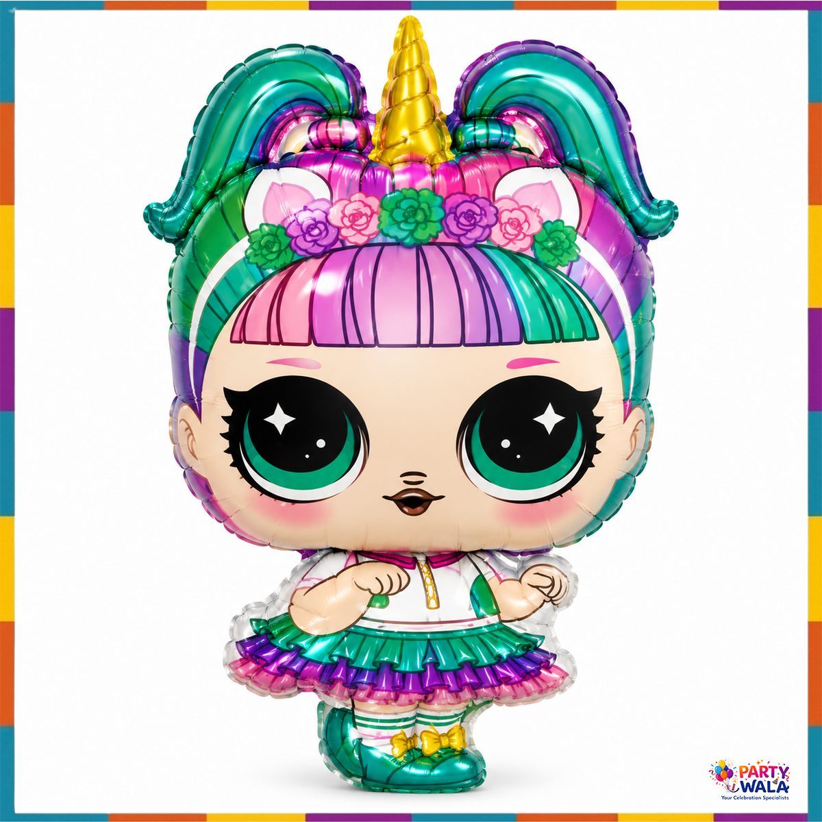 LOL inspired unicorn doll rainbow hair character foil balloon 35 inch front image