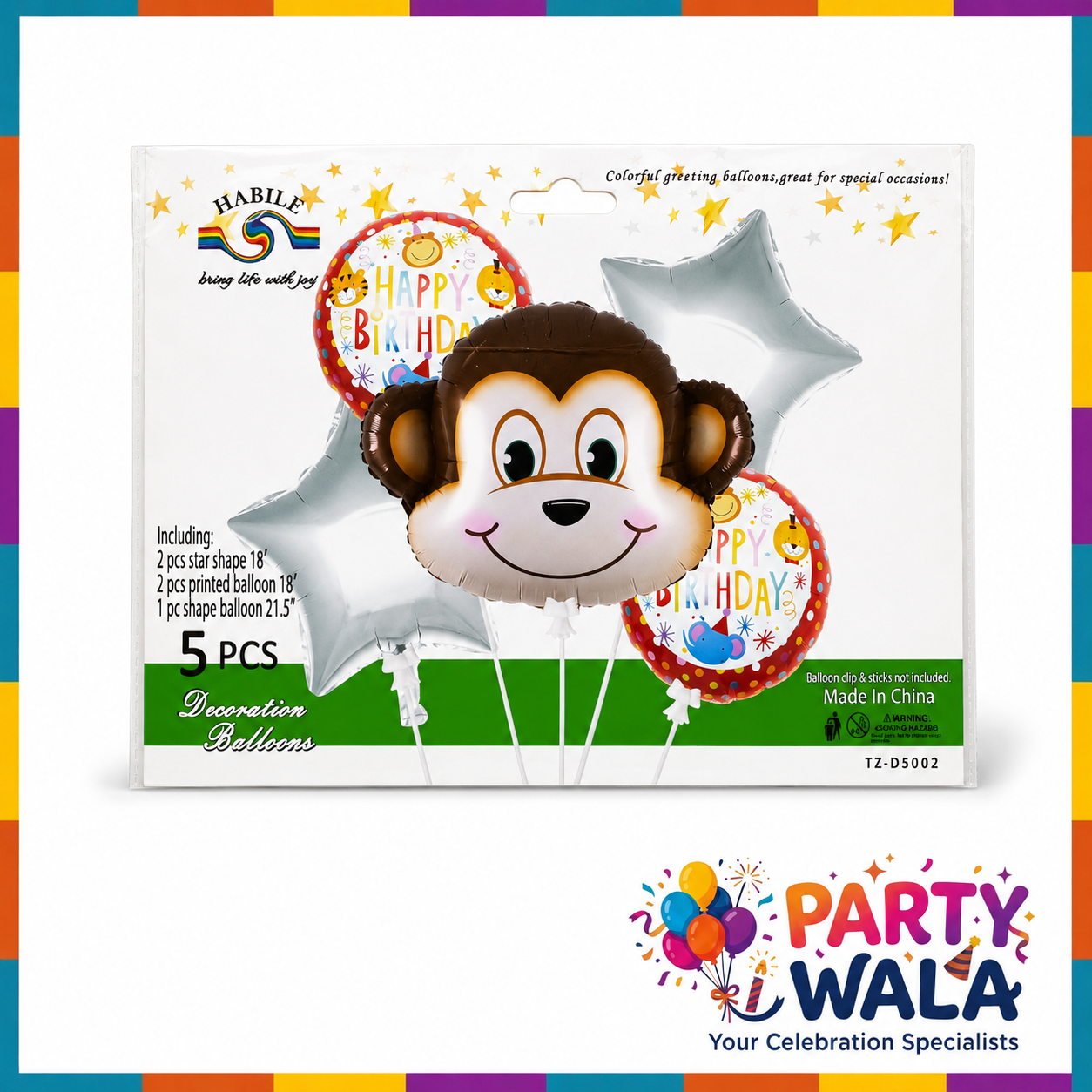Monkey Theme Happy Birthday Foil Balloons 5 Pcs Set