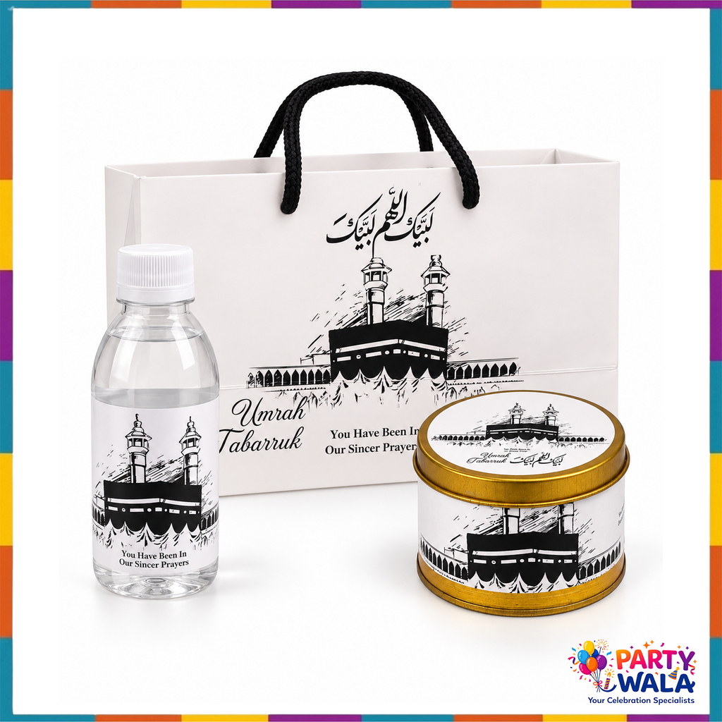 Black and white Kaaba Umrah gift set with printed bag, bottle and tin