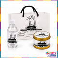 Black and white Kaaba Umrah gift set with printed bag, bottle and tin
