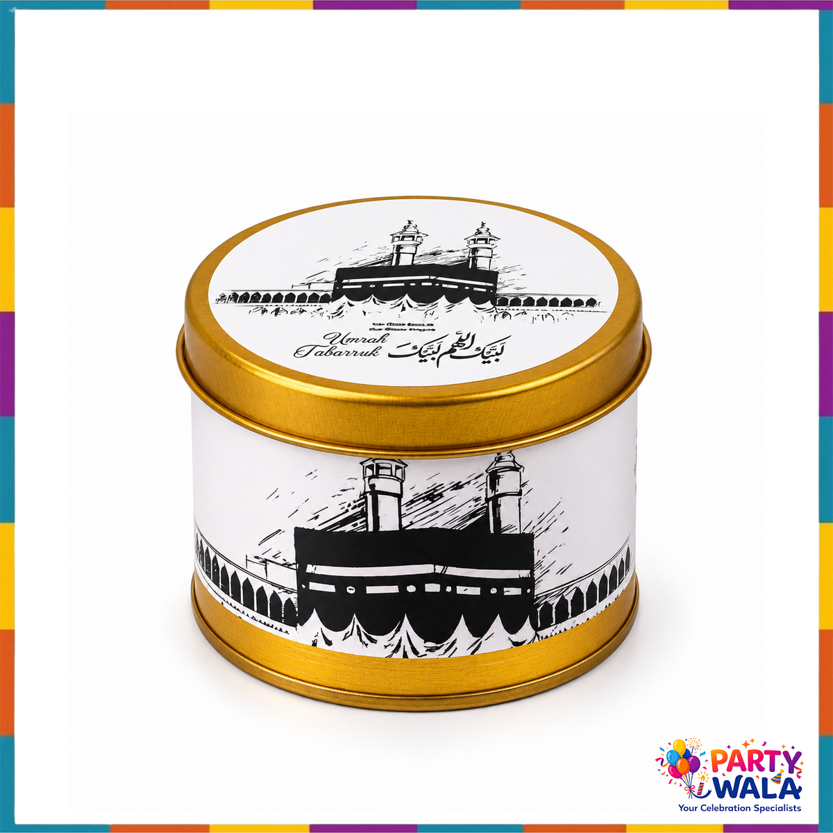 Round 125g tabarruk tin in white and gold with Kaaba print