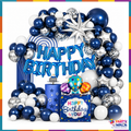 Navy blue white and silver birthday balloon garland with blue foil letters, gift box foil and silver stars