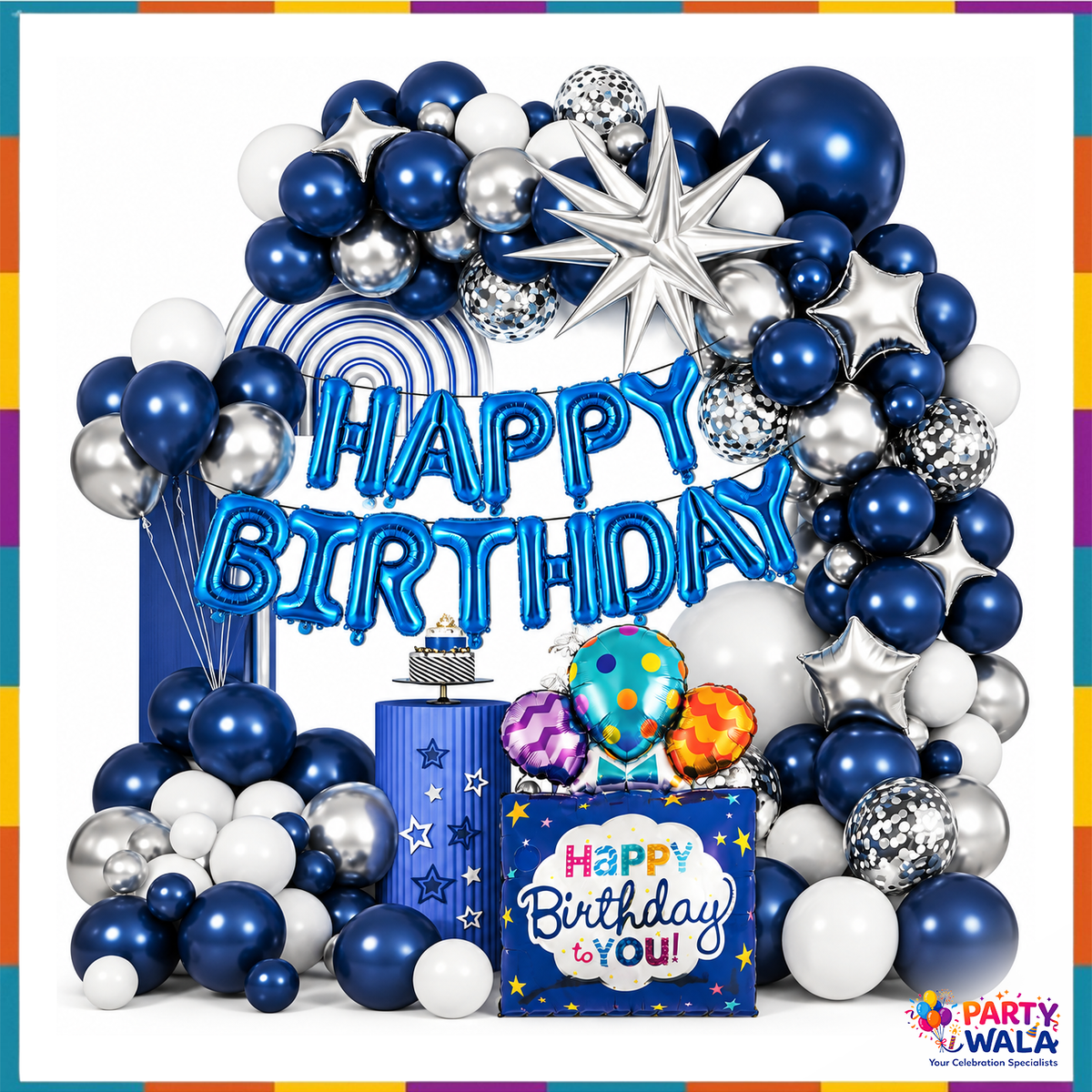 Navy blue white and silver birthday balloon garland with blue foil letters, gift box foil and silver stars