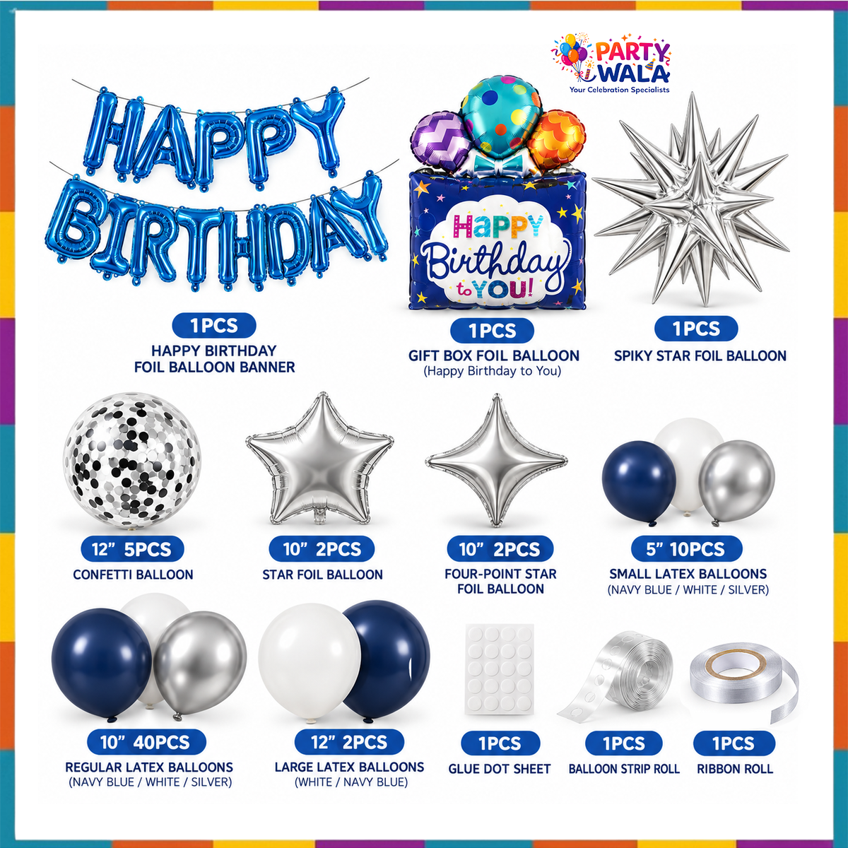 Navy silver birthday kit contents with foil letters, gift balloon, star foils and balloon quantities