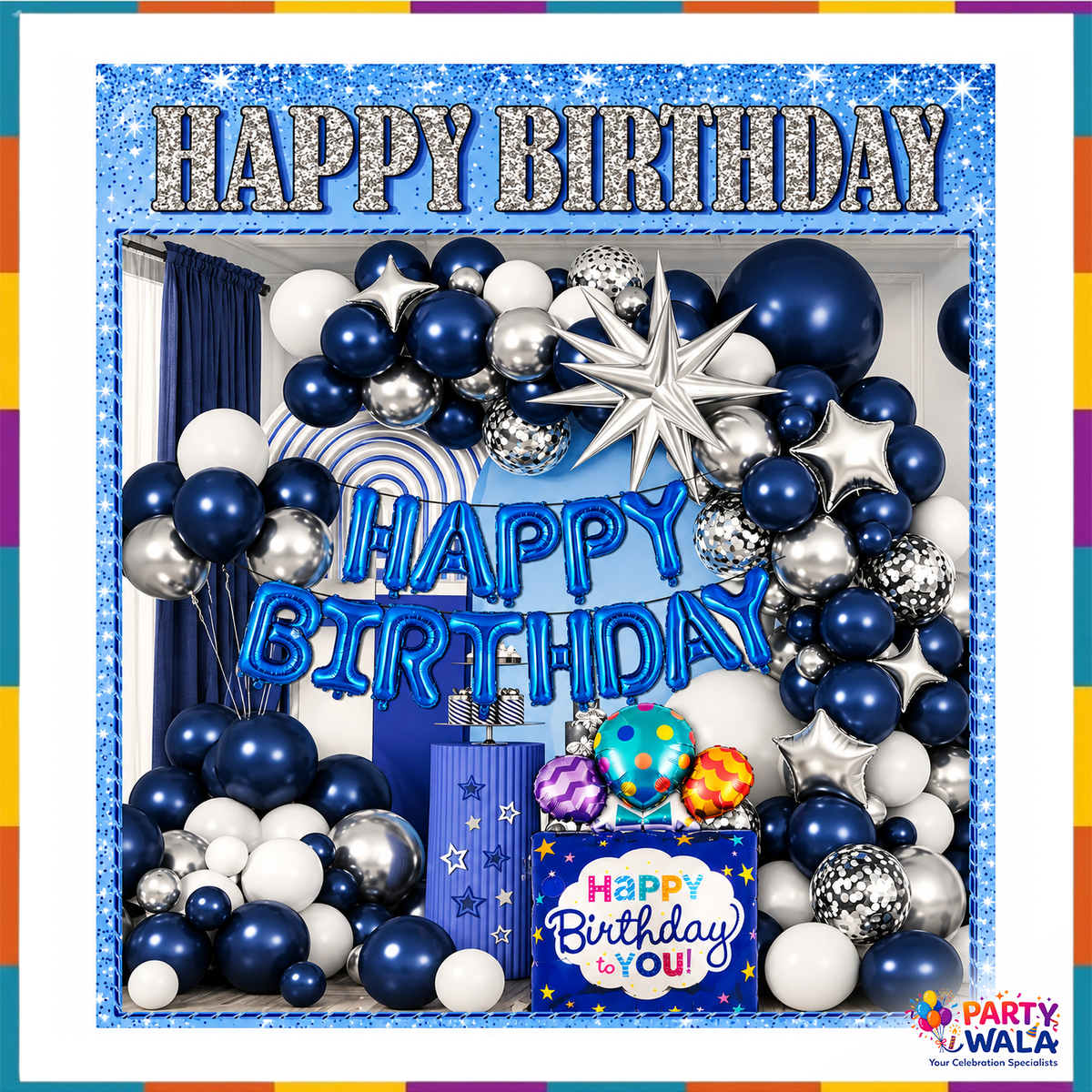 Navy blue and silver birthday decoration kit presentation