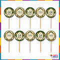 Ten green and gold Nikkah Mubarak mithai toppers with Urdu and English designs on wooden sticks