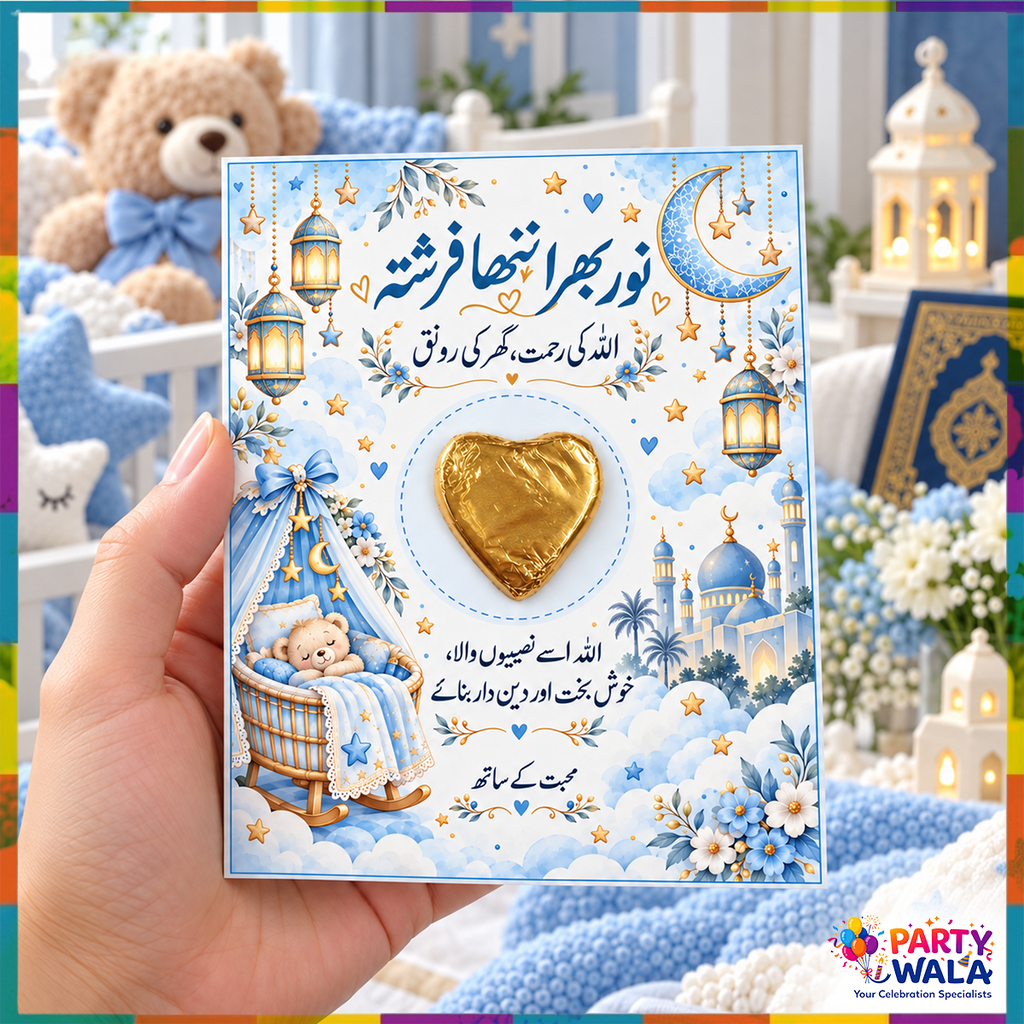 Noor Bhara Nanha Farishta baby boy chocolate favor card 4 x 5 inches lifestyle view
