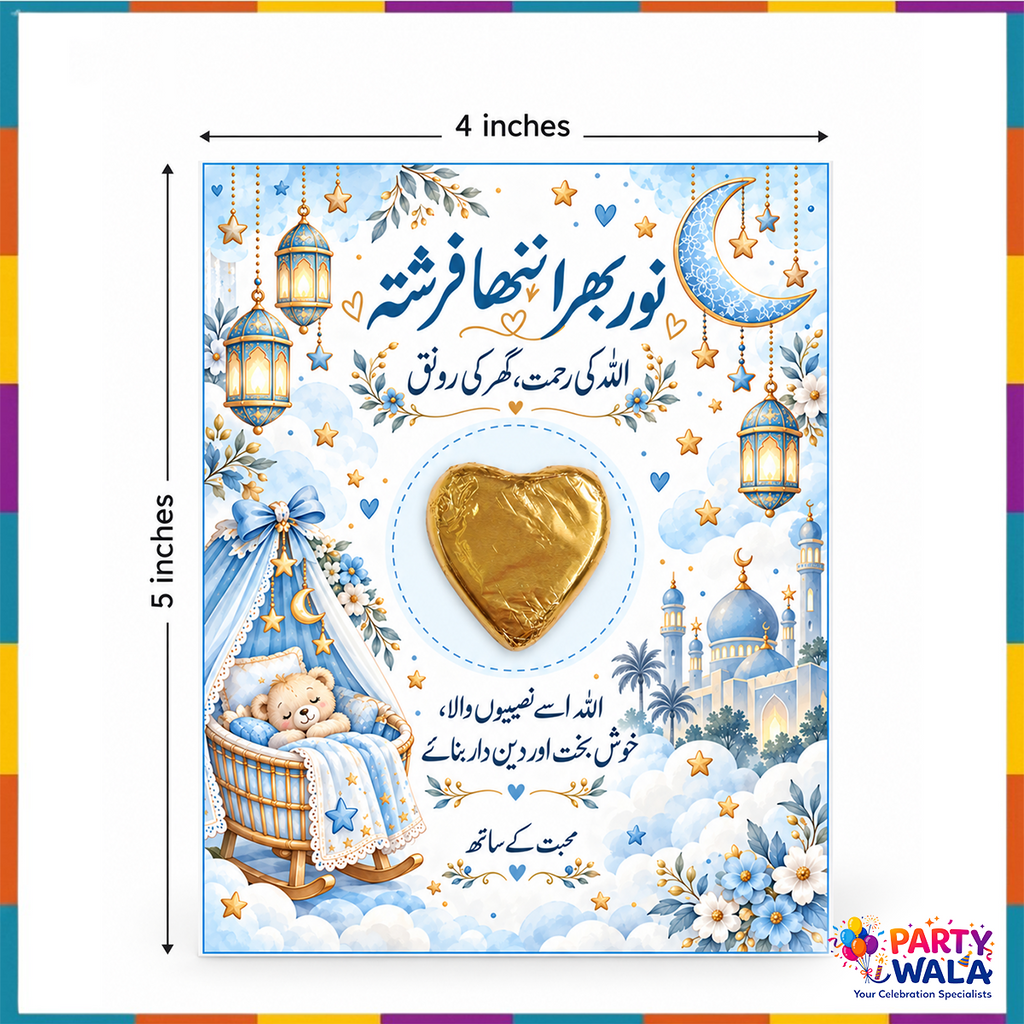 Noor Bhara Nanha Farishta baby boy chocolate favor card 4 x 5 inches in blue Urdu theme
