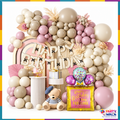 71-piece neutral boho Happy Birthday decoration kit with beige taupe dusty pink balloon garland, champagne HAPPY BIRTHDAY letters and Stay Fabulous foil balloon