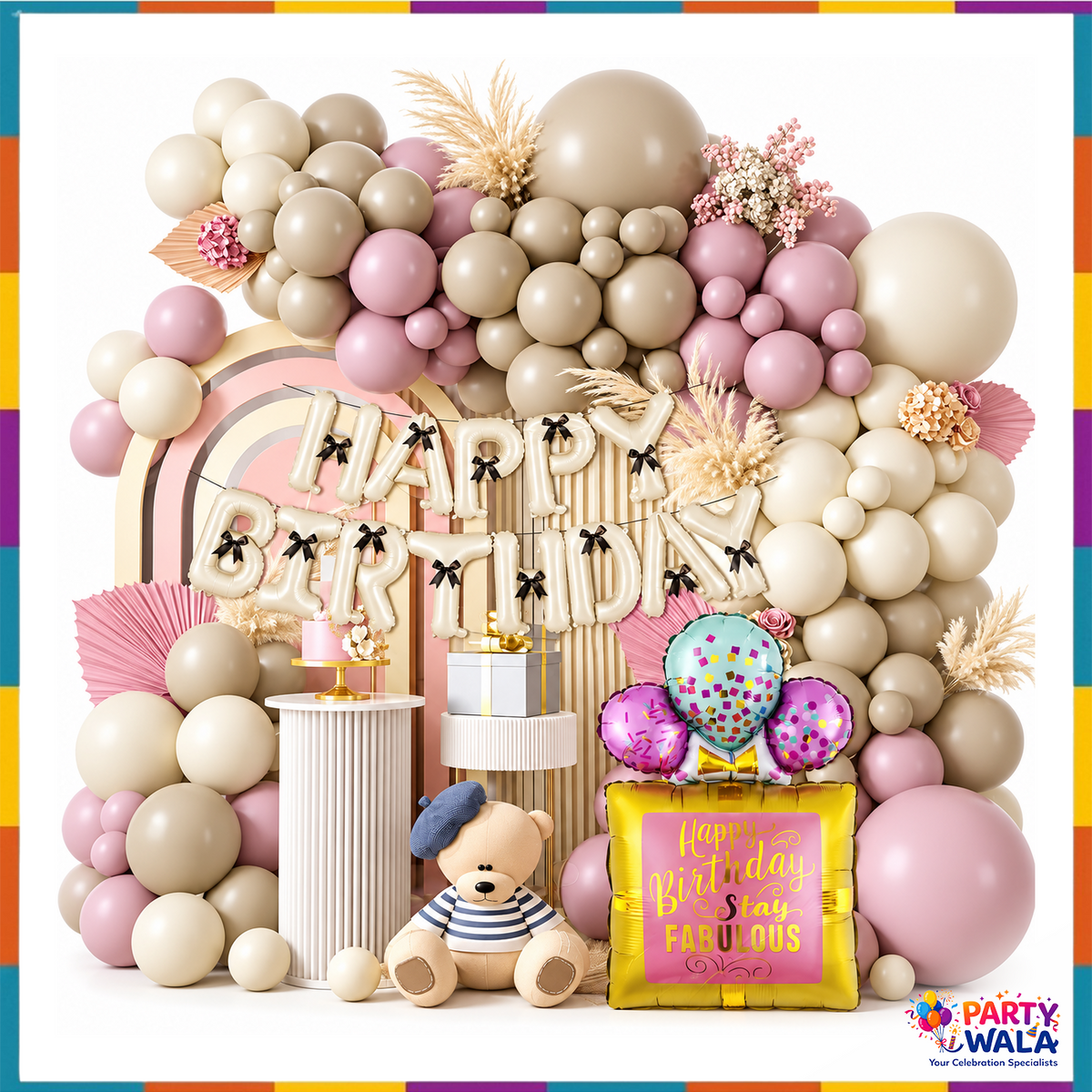 71-piece neutral boho Happy Birthday decoration kit with beige taupe dusty pink balloon garland, champagne HAPPY BIRTHDAY letters and Stay Fabulous foil balloon