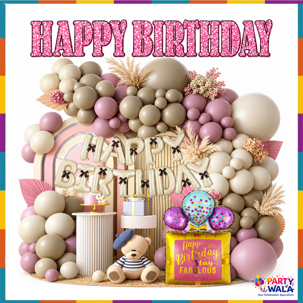 Nude cream dusty pink Happy Birthday balloon decoration inspiration with pastel balloon arch and champagne foil birthday letters