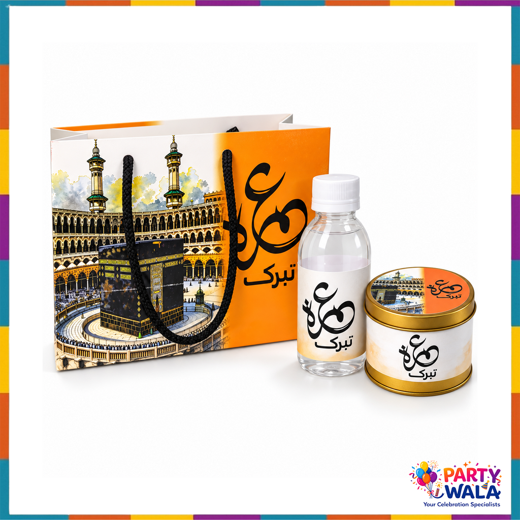 Orange Kaaba Umrah Mubarak gift set with bag, bottle and 125g tin