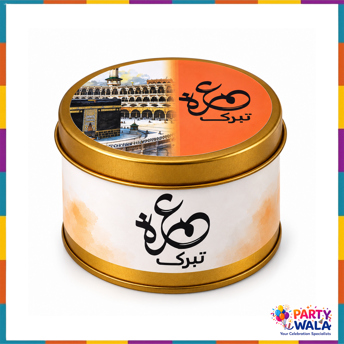 Round 125g Umrah Mubarak tin with orange Kaaba print
