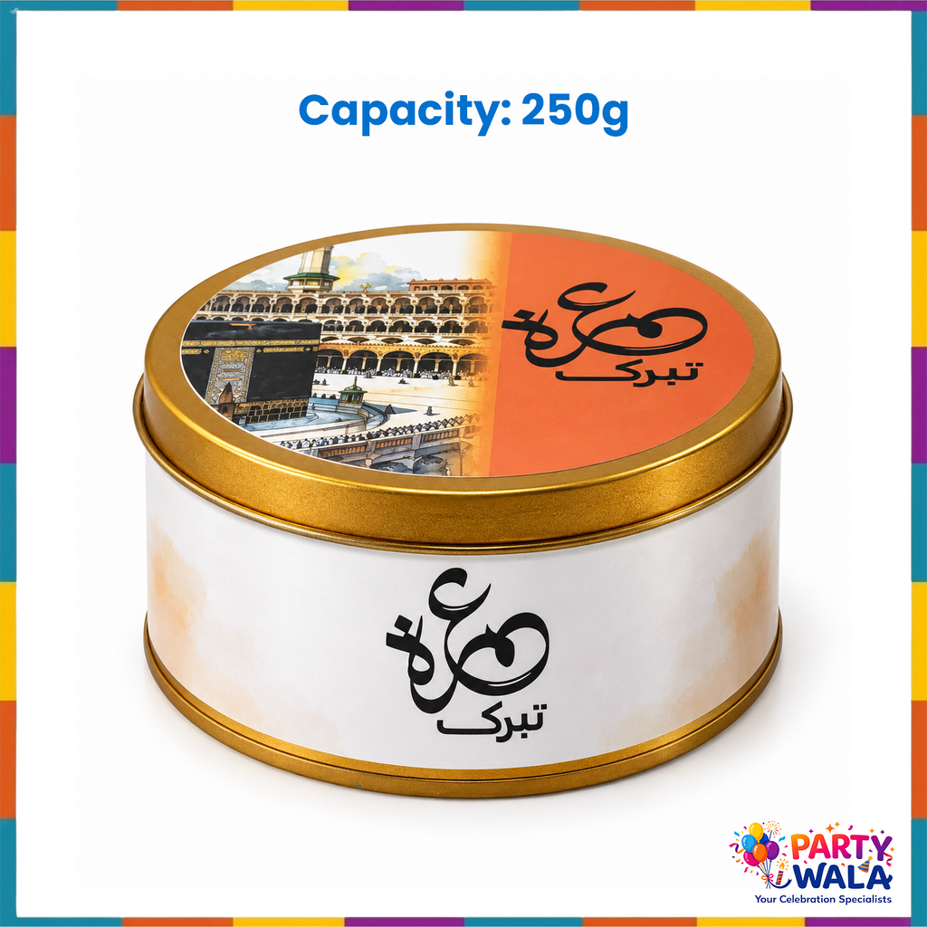 250g Umrah Mubarak metal tin with gold lid