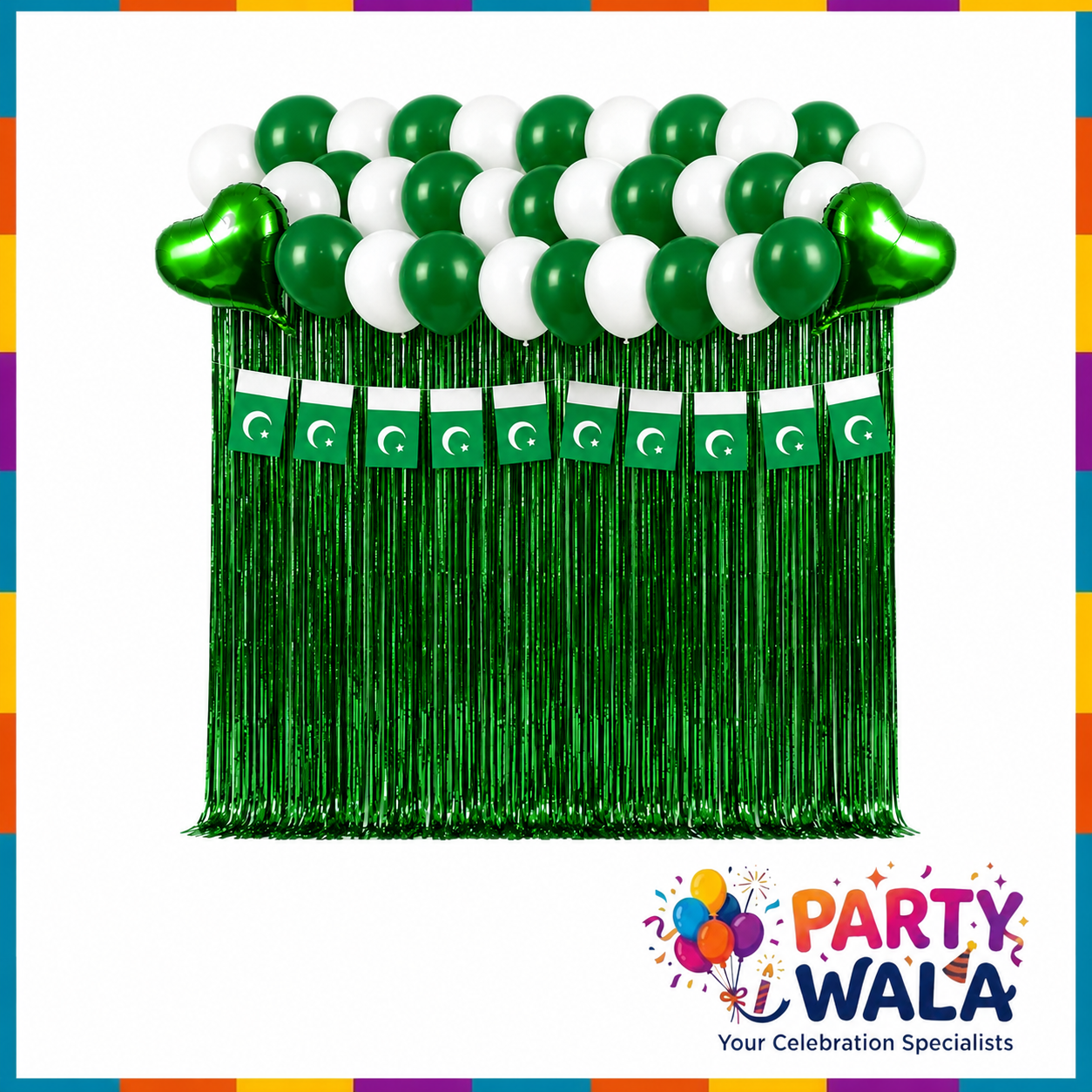 Pakistan Independence Day green and white balloon garland with flag banner, heart balloons and metallic foil curtain