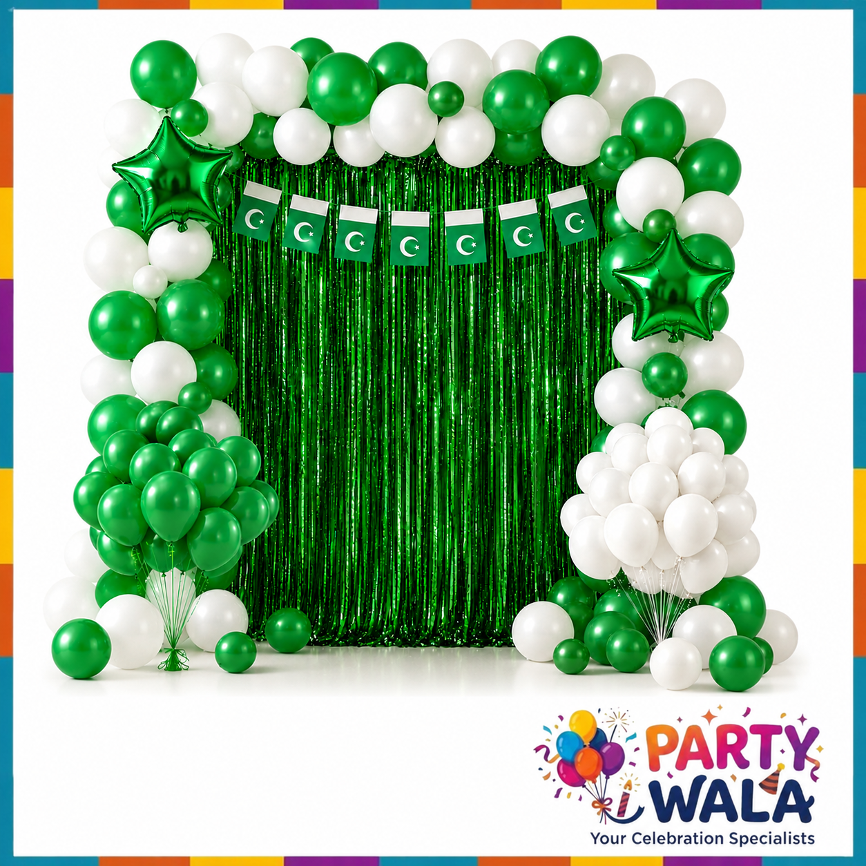 Pakistan flag green and white balloon arch decoration theme with green foil curtain and star balloons