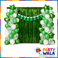 Pakistan Independence Day green and white balloon decoration theme with foil curtain and flag banner