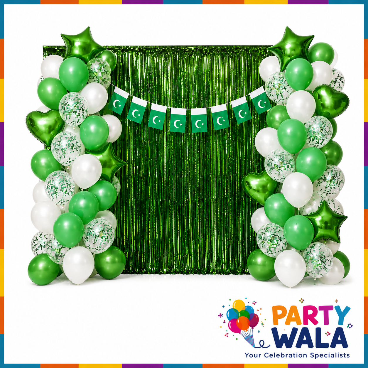 Pakistan Independence Day green and white balloon decoration theme with foil curtain and flag banner