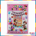 Minnie Mouse birthday decoration kit package with bow banner, printed backdrop, character and star balloons