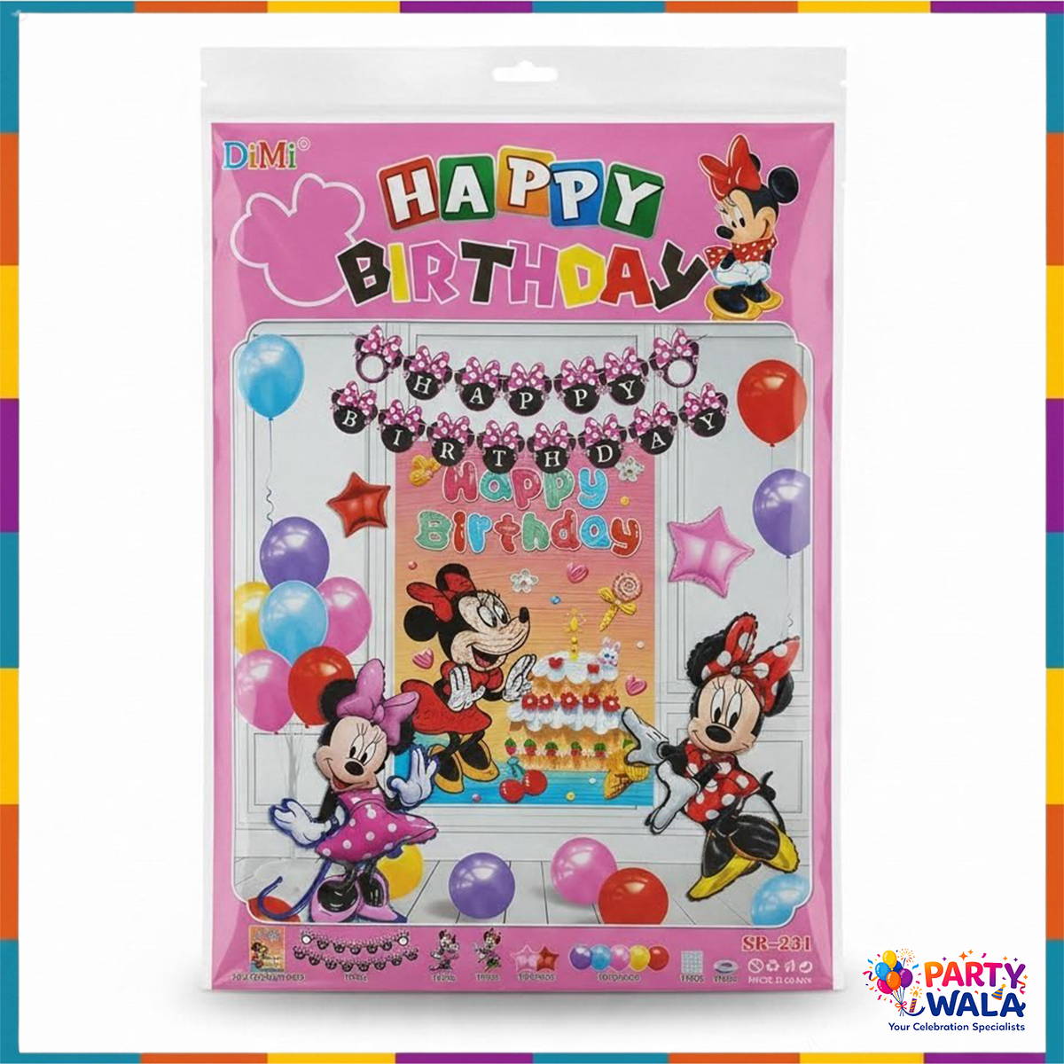Minnie Mouse birthday decoration kit package with bow banner, printed backdrop, character and star balloons