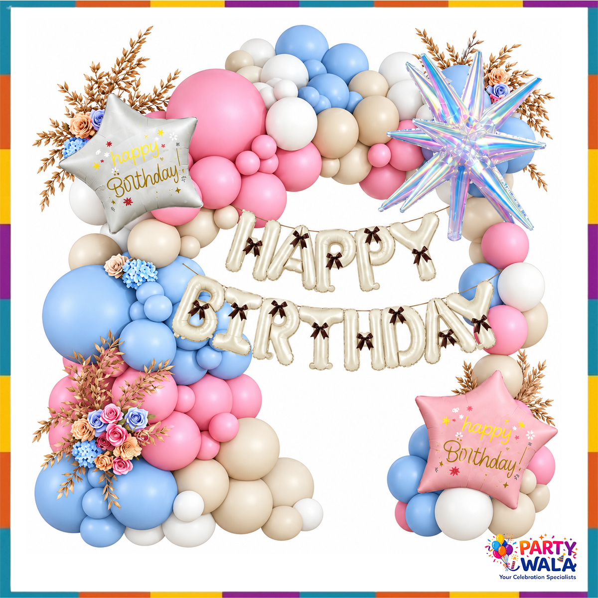 Pastel pink blue and cream birthday balloon garland with Happy Birthday foil letters and star balloons