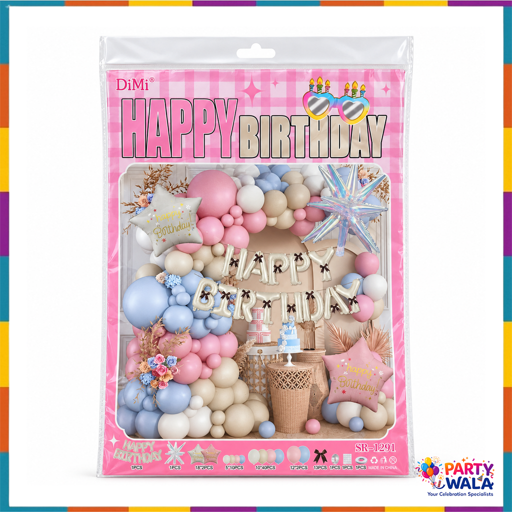 DiMi pastel pink and blue Happy Birthday balloon kit sealed package