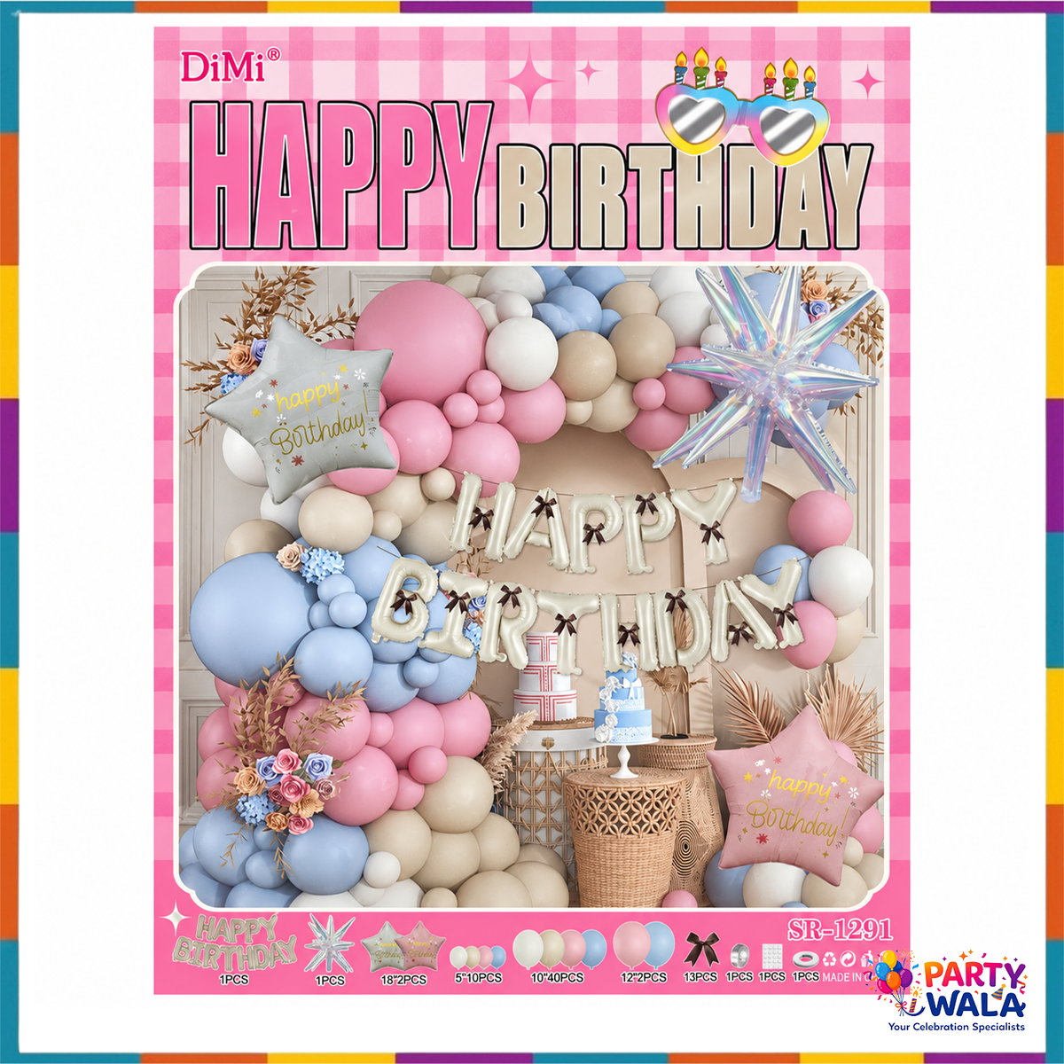 DiMi pastel pink blue cream balloon birthday kit presentation