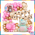 Pink teddy bear birthday balloon theme set with cream and gold garland and Happy Birthday letters