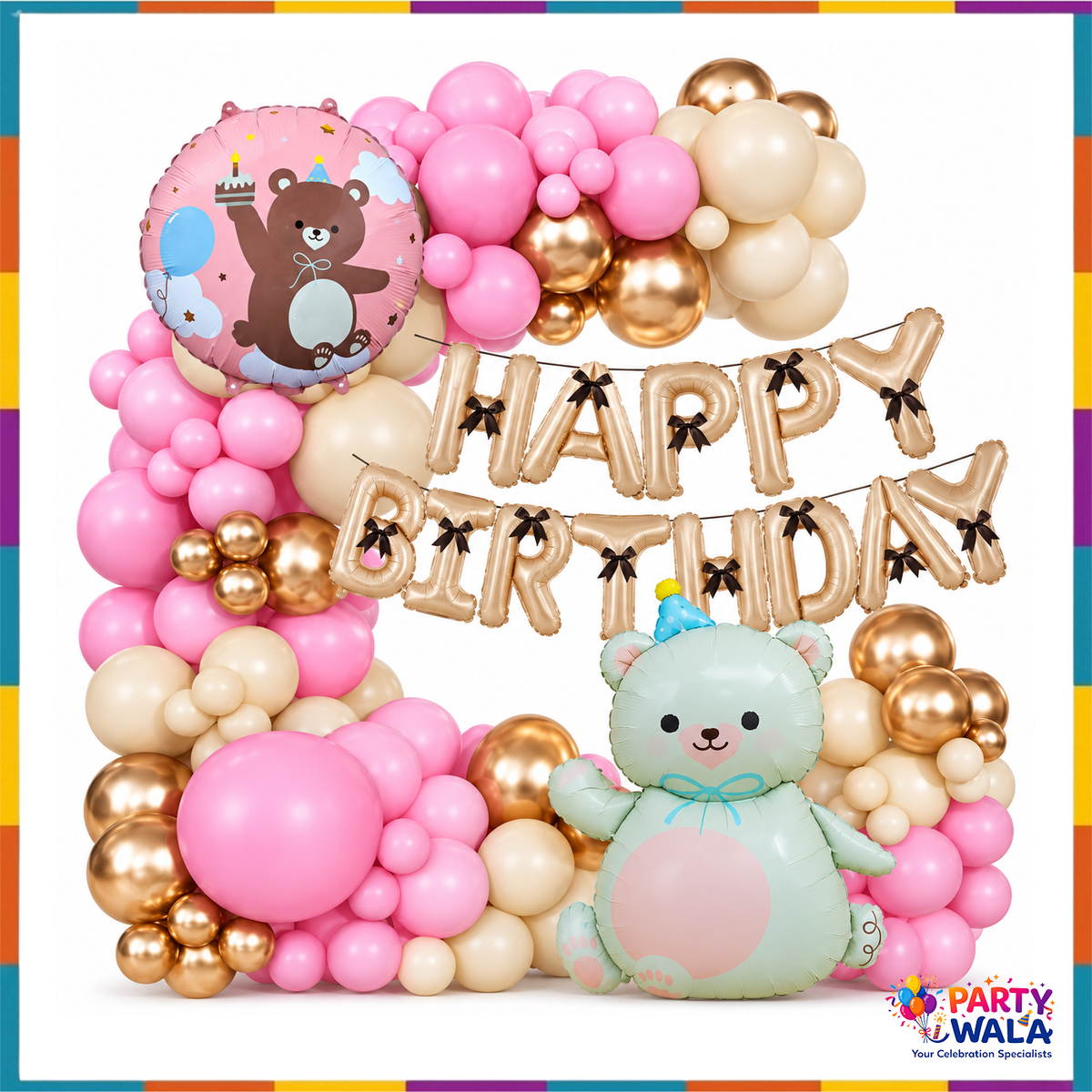 Pink teddy bear birthday balloon theme set with cream and gold garland and Happy Birthday letters