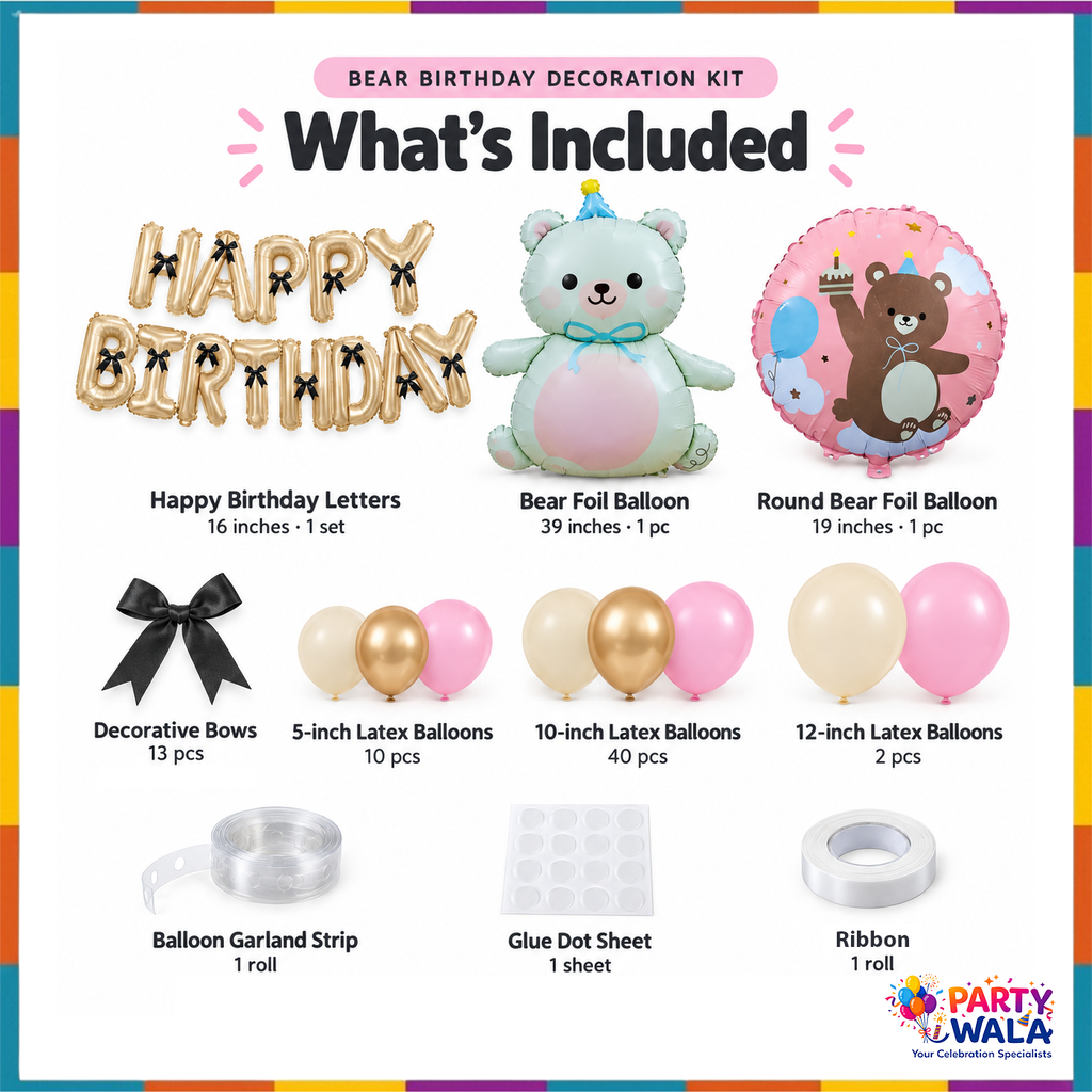 Pink teddy bear birthday set contents including foil letters, two bear foils, latex balloons, bows and accessories