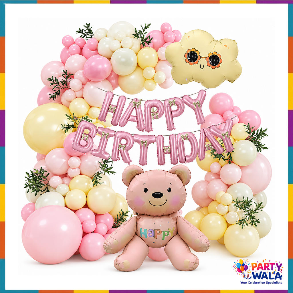 Pink teddy bear and smiling cloud birthday balloon garland in pink, cream and yellow