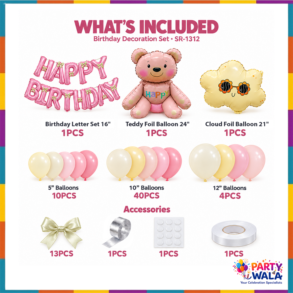 Contents of pink teddy bear birthday set: foil letters, teddy and cloud balloons, latex balloons and accessories