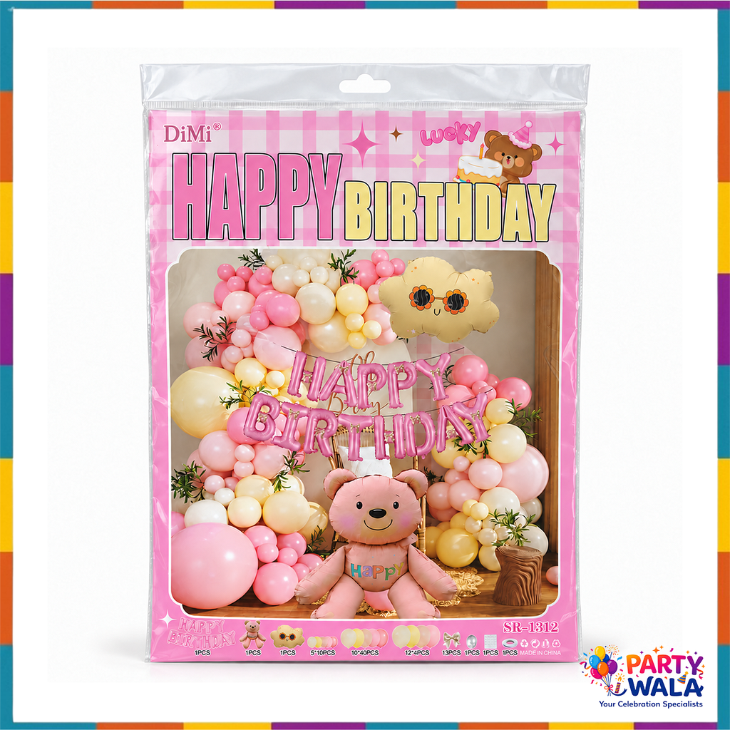 Packaged pink teddy bear and cloud birthday decoration kit